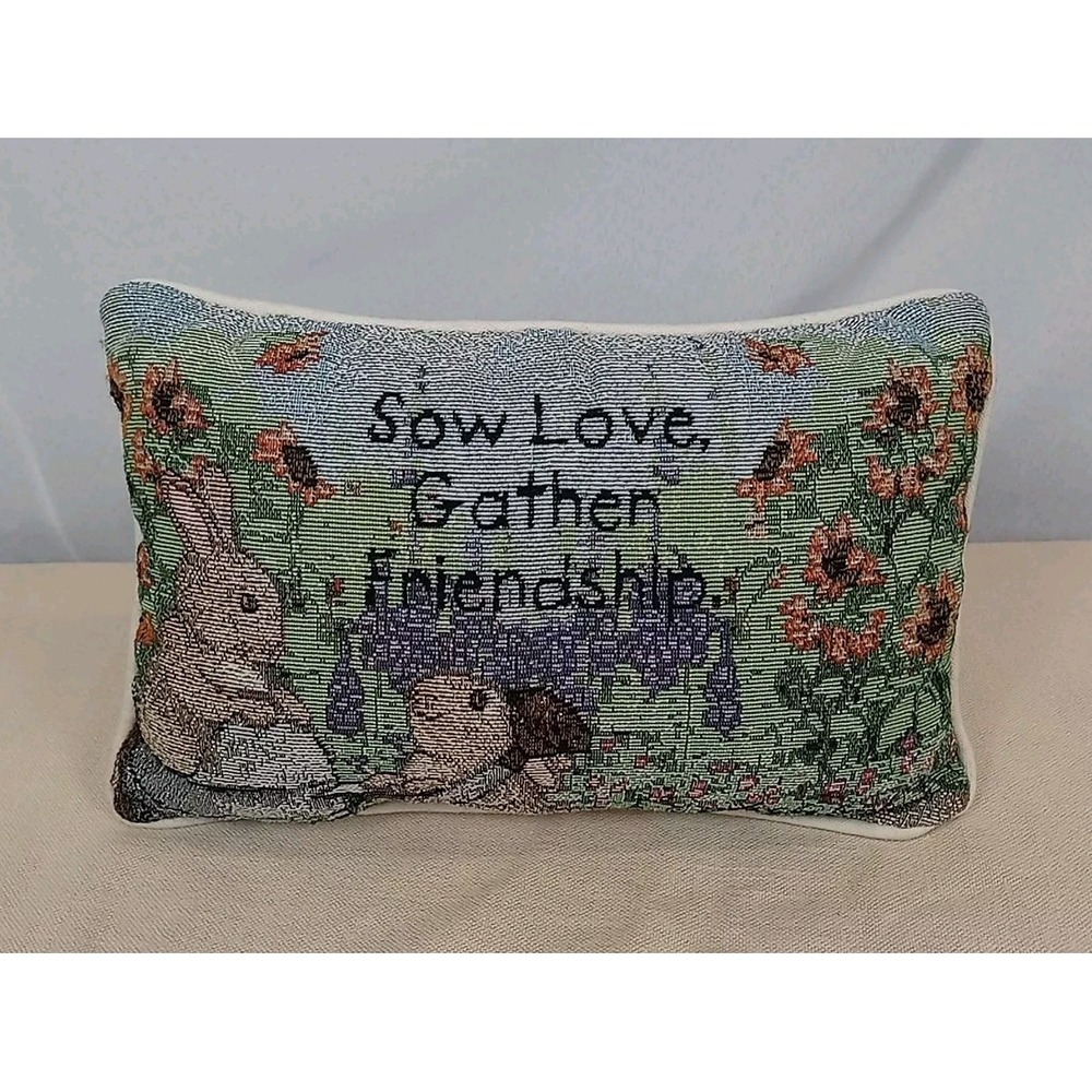 VTG Garden Tapestry Throw Pillow Sow Love Gather Friendship Floral Bunny Rabbit